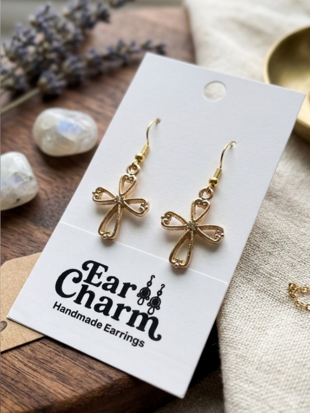 New Gold Toned Cross Dangle Earrings
